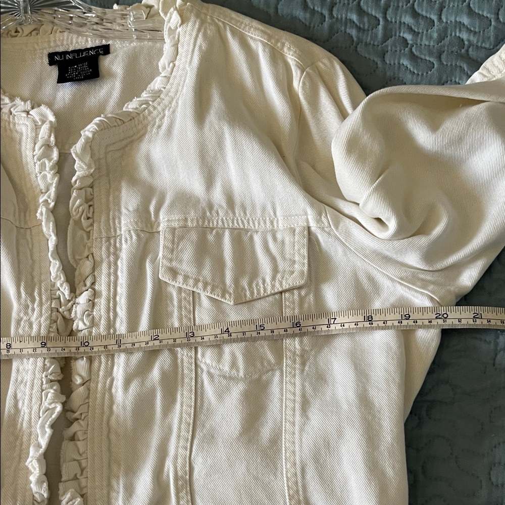 NY Collection Cream Ruffle-Trim Jean Jacket - Picture 6 of 7